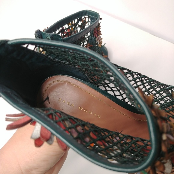 Zara Sz 37 Green Mesh Floral Applique Bootie Heels - Picture 4 of 7